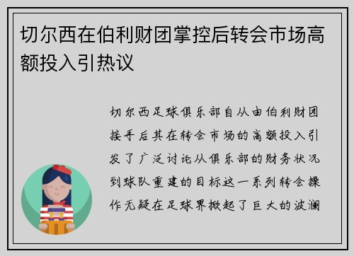 切尔西在伯利财团掌控后转会市场高额投入引热议
