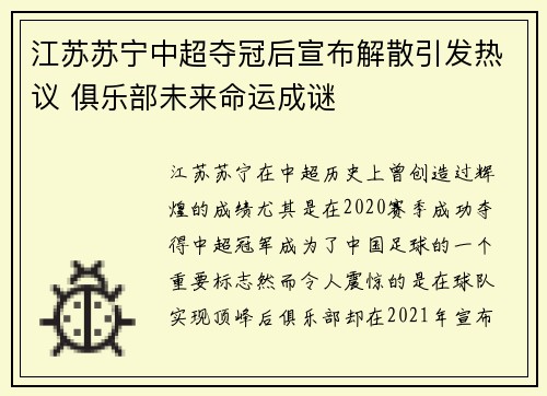 江苏苏宁中超夺冠后宣布解散引发热议 俱乐部未来命运成谜