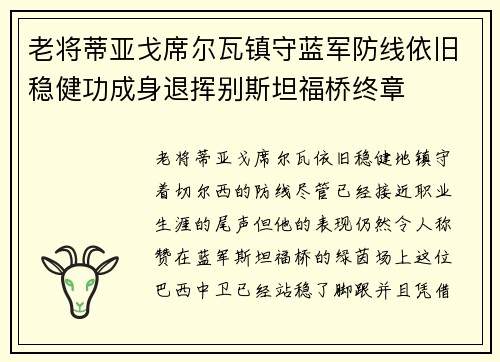 老将蒂亚戈席尔瓦镇守蓝军防线依旧稳健功成身退挥别斯坦福桥终章